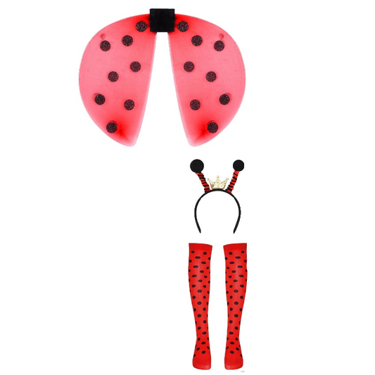 Ladybug set with wings, headband, and socks on a white background