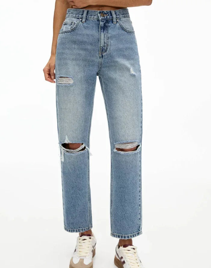 Pull&Bear Women's High Waist Ripped Mom Jeans - Medium Blue Denim Comfort - Gomix Brands Outlet