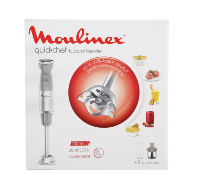 Moulinex quickchef hand blender packaging with product and features on a white background