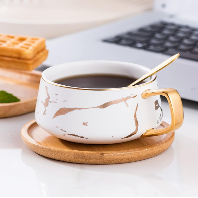 Beauty House white Gold Ceramic Tea Cup & Acacia Wooden Saucer
