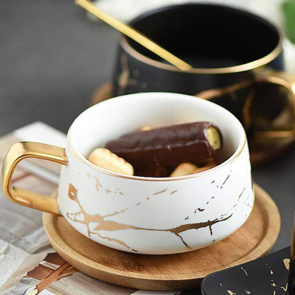 Beauty House white Gold Ceramic Tea Cup & Acacia Wooden Saucer