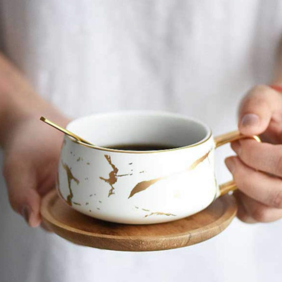 Beauty House white Gold Ceramic Tea Cup & Acacia Wooden Saucer
