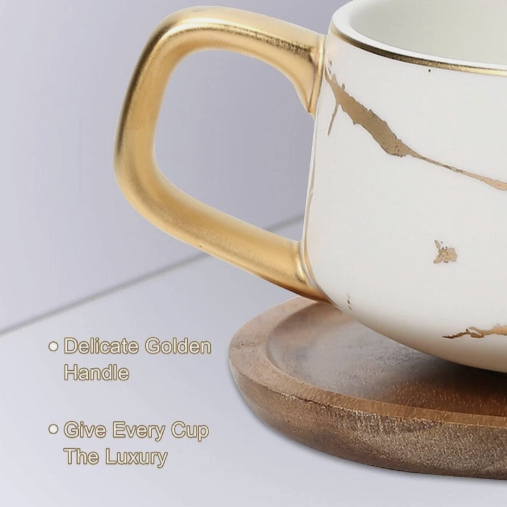 Beauty House white Gold Ceramic Tea Cup & Acacia Wooden Saucer