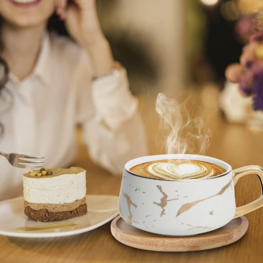 Beauty House white Gold Ceramic Tea Cup & Acacia Wooden Saucer