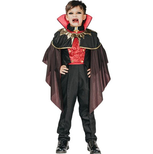 Child wearing a vampire costume with a red collar and black outfit on a white background
