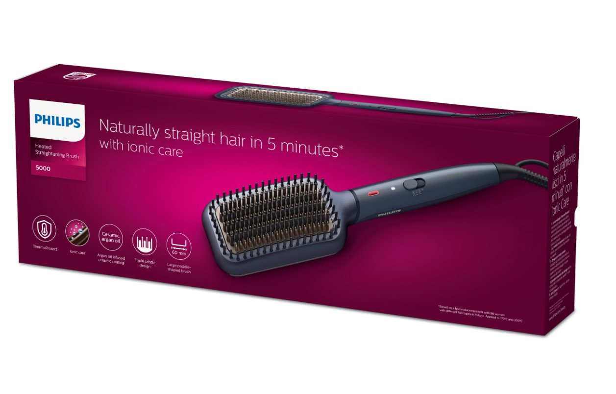 Philips hair straightening brush packaging with purple background