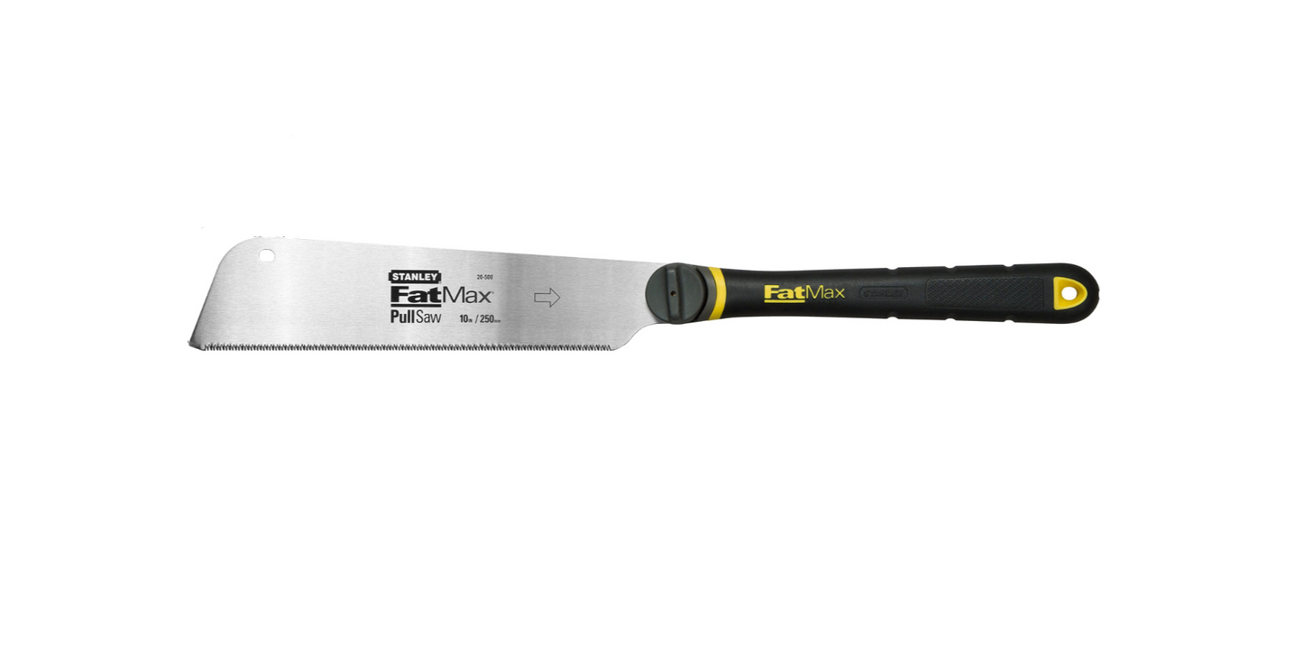Putty knife with black handle and yellow accent on a white background
