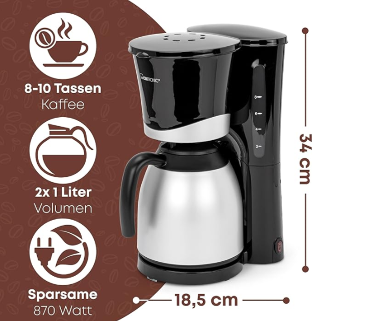 Coffee maker with dimensions and specifications on a brown background