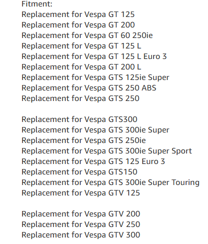 List of Vespa models with replacement fitment options on a white background