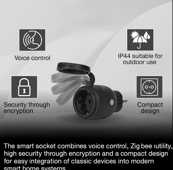Smart socket with features like voice control, IP44 rating, security through encryption, and compact design on a gray background.