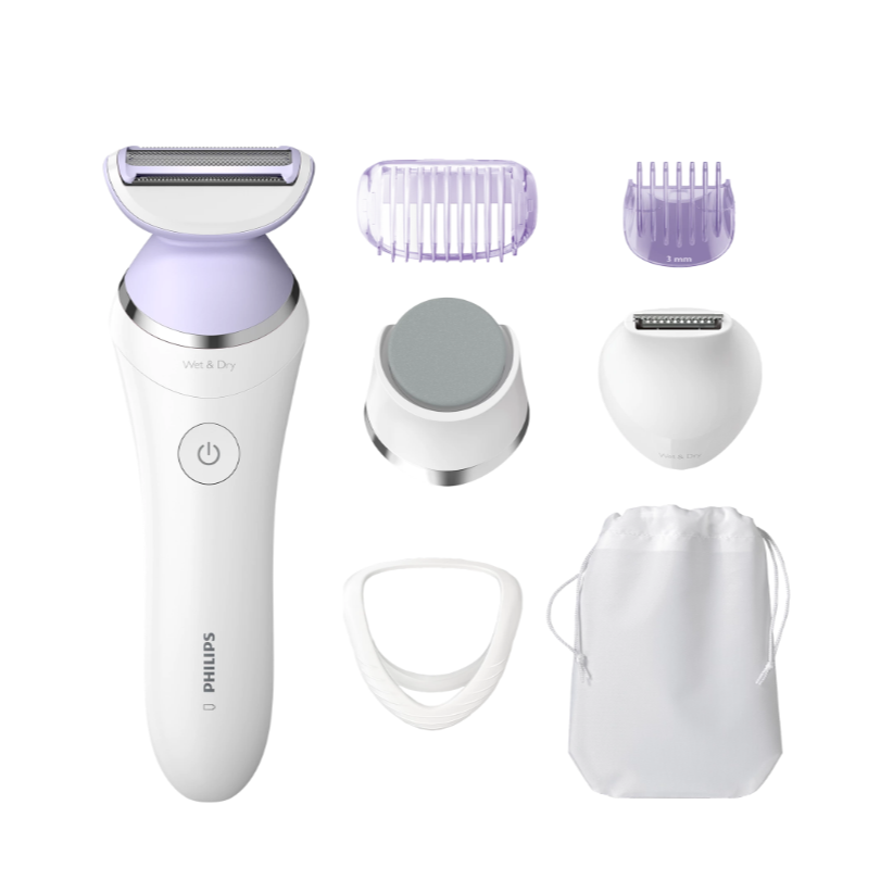 Philips women's grooming set with multiple attachments on a white background