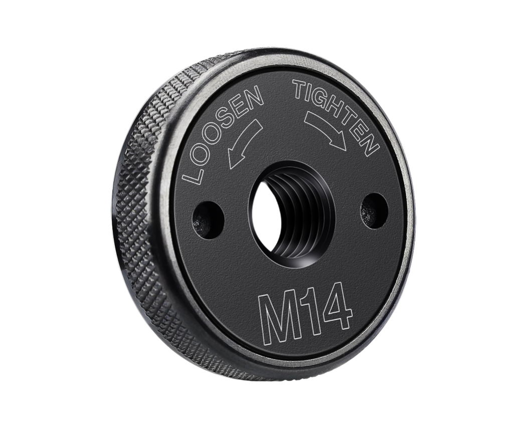 Black threaded component with 'Loosen' and 'Tighten' text and 'M14' marking on a white background