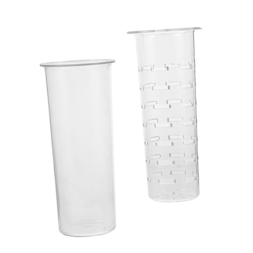 Two clear plastic cups with one having measurement markings on a white background