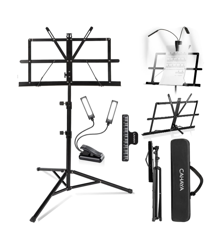Collection of music stands and accessories on a white background