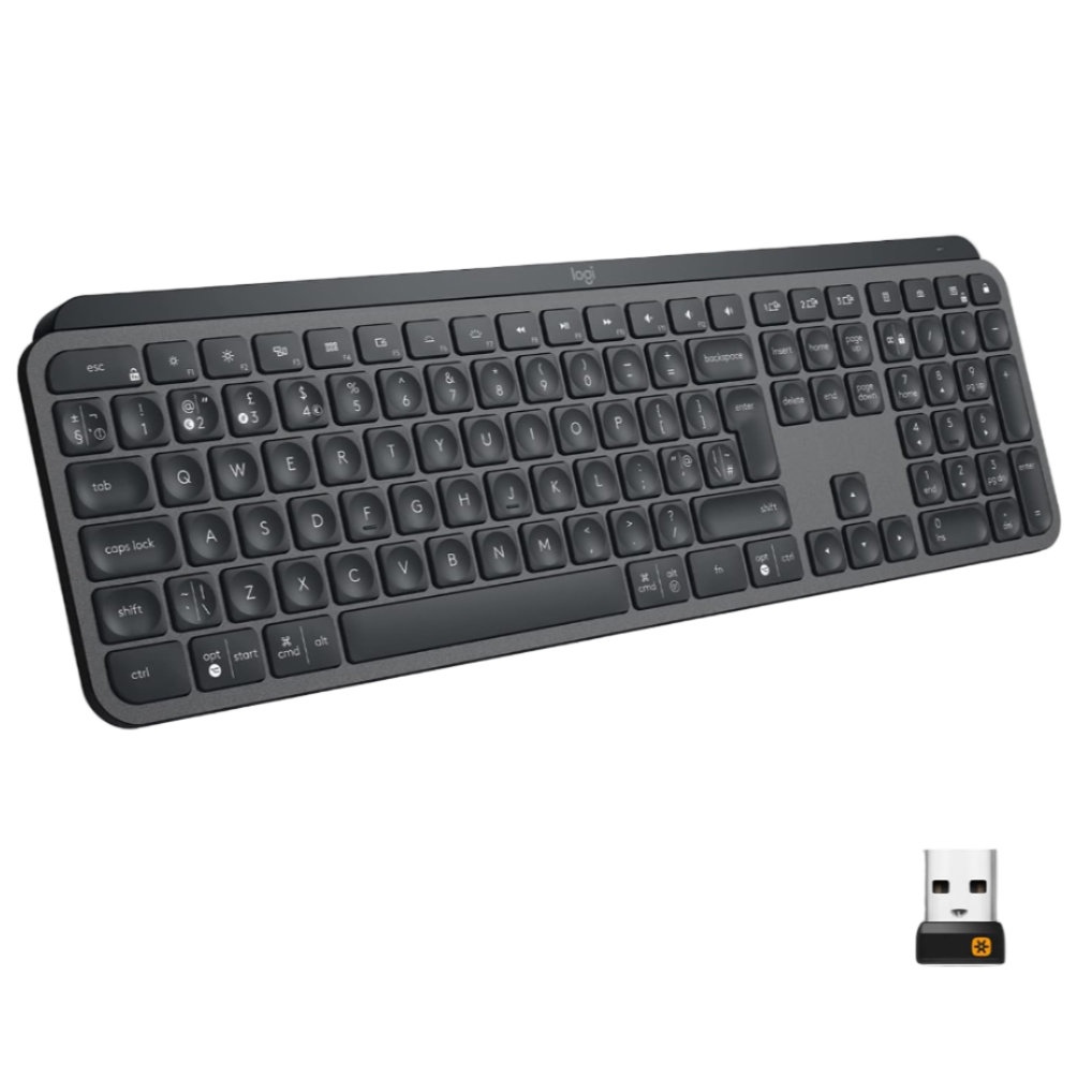 Black keyboard with USB receiver on a white background
