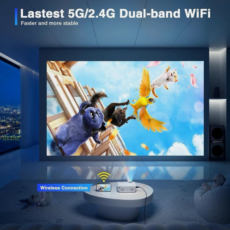 Home theater setup with a large screen displaying animated characters, featuring 5G/2.4G dual-band WiFi.