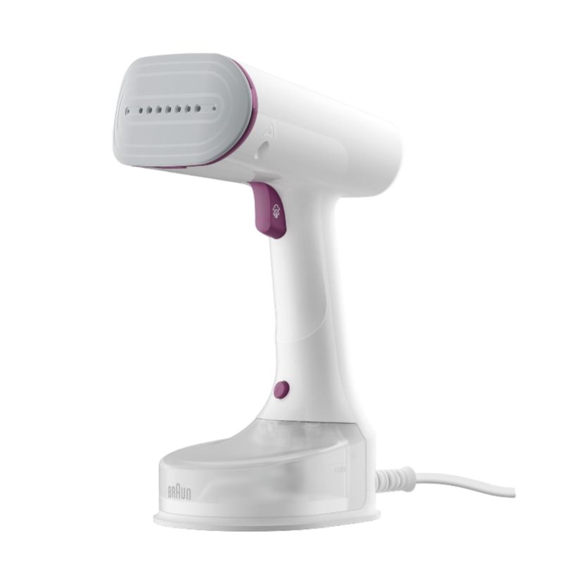 White handheld steamer with purple accents on a white background