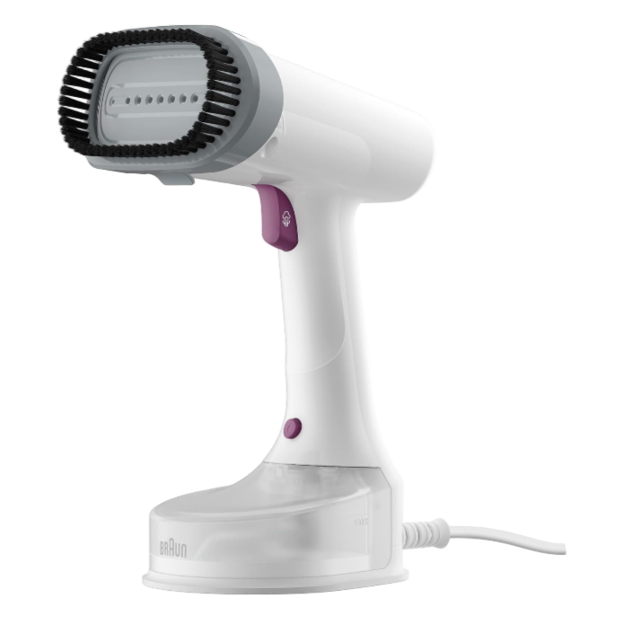 White handheld steamer with a purple handle on a white background