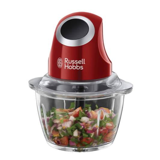 Red Russell Hobbs food chopper with a salad inside on a computer screen.