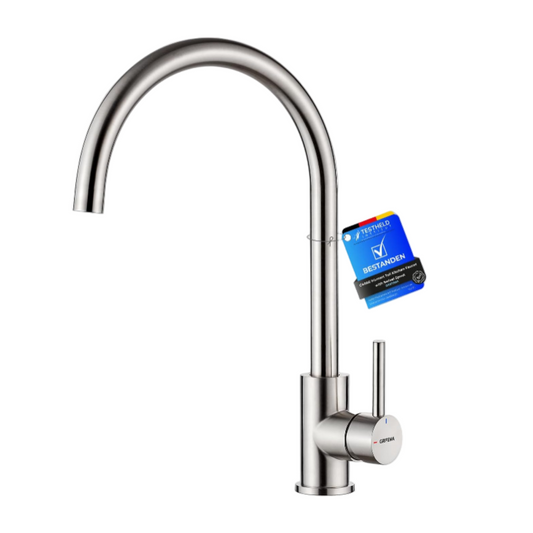 Stainless steel kitchen faucet on a white background