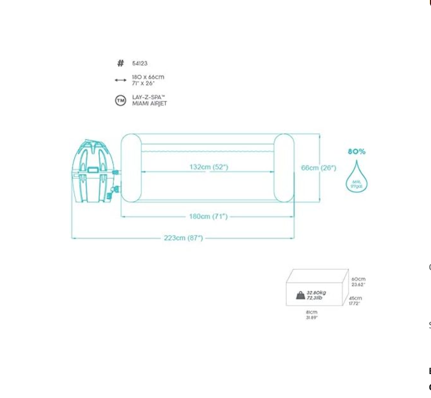 Technical drawing of an inflatable pool with dimensions on a white background