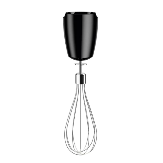 Black handheld mixer with a whisk attachment on a white background