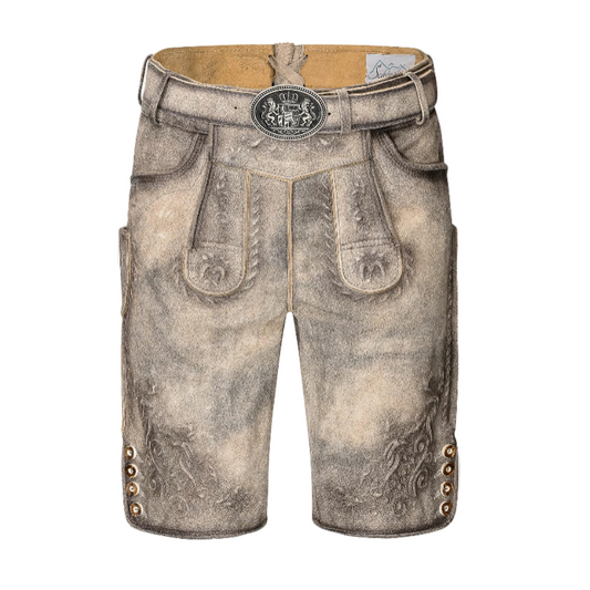 Traditional Bavarian lederhosen with a belt on a white background