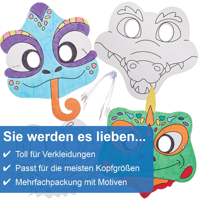 Colorful animal masks with a blue, purple, and green design on a white background.