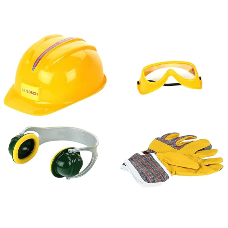 Toy construction set with helmet, goggles, ear protection, and gloves on white page.