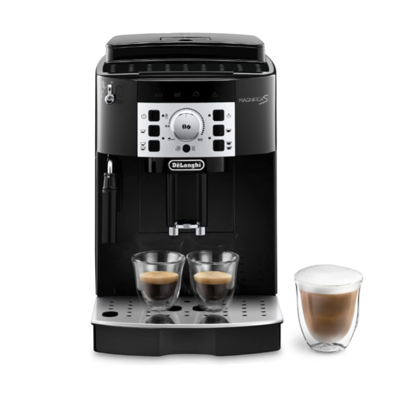 Black De'Longhi coffee machine with three glasses of coffee on a white background