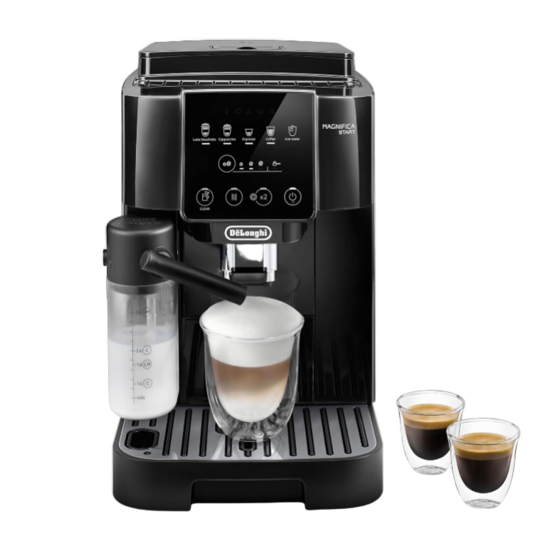 Black De'Longhi coffee machine with two cups of coffee on a white background