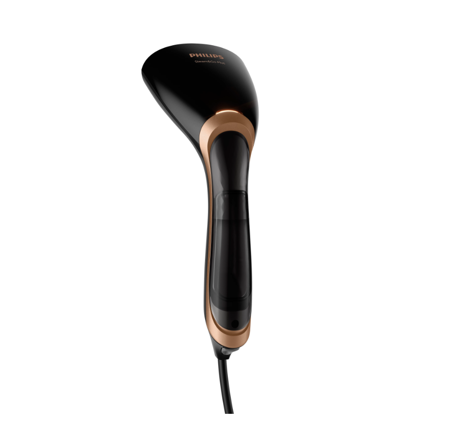 Black and gold handheld steamer with Philips logo on a white background