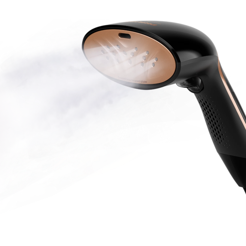 Handheld garment steamer emitting steam on a white background