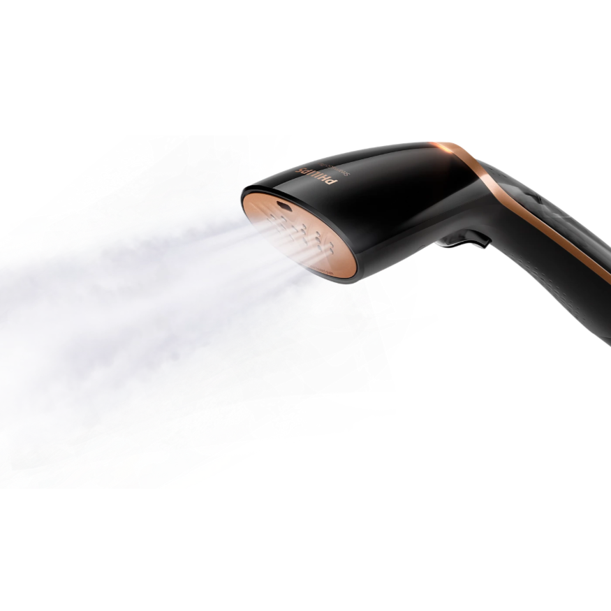 Black handheld garment steamer emitting steam on a white background