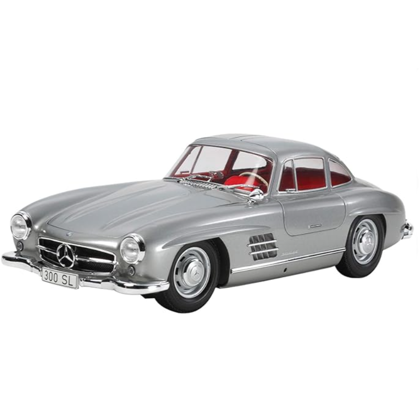 Silver Mercedes-Benz 300SL model car on a white background
