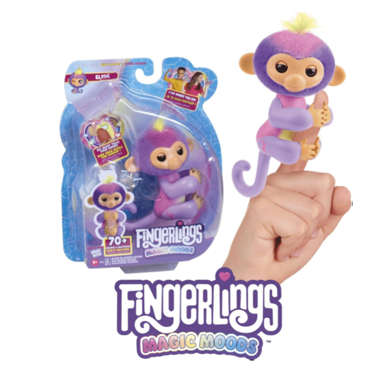 Fingerlings toy with packaging and a hand holding it on a white background