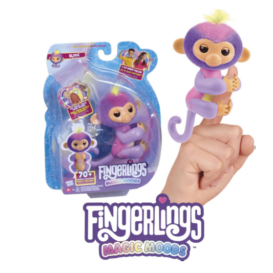 Fingerlings toy with packaging and a hand holding it on a white background