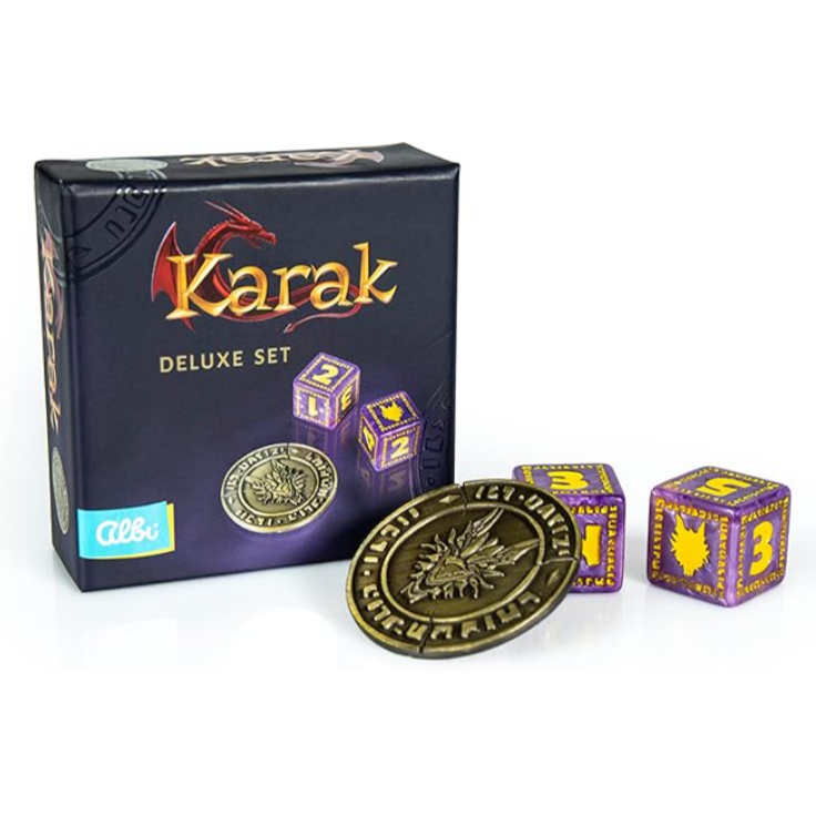 Karak Deluxe Set packaging with dice and coins on a white background