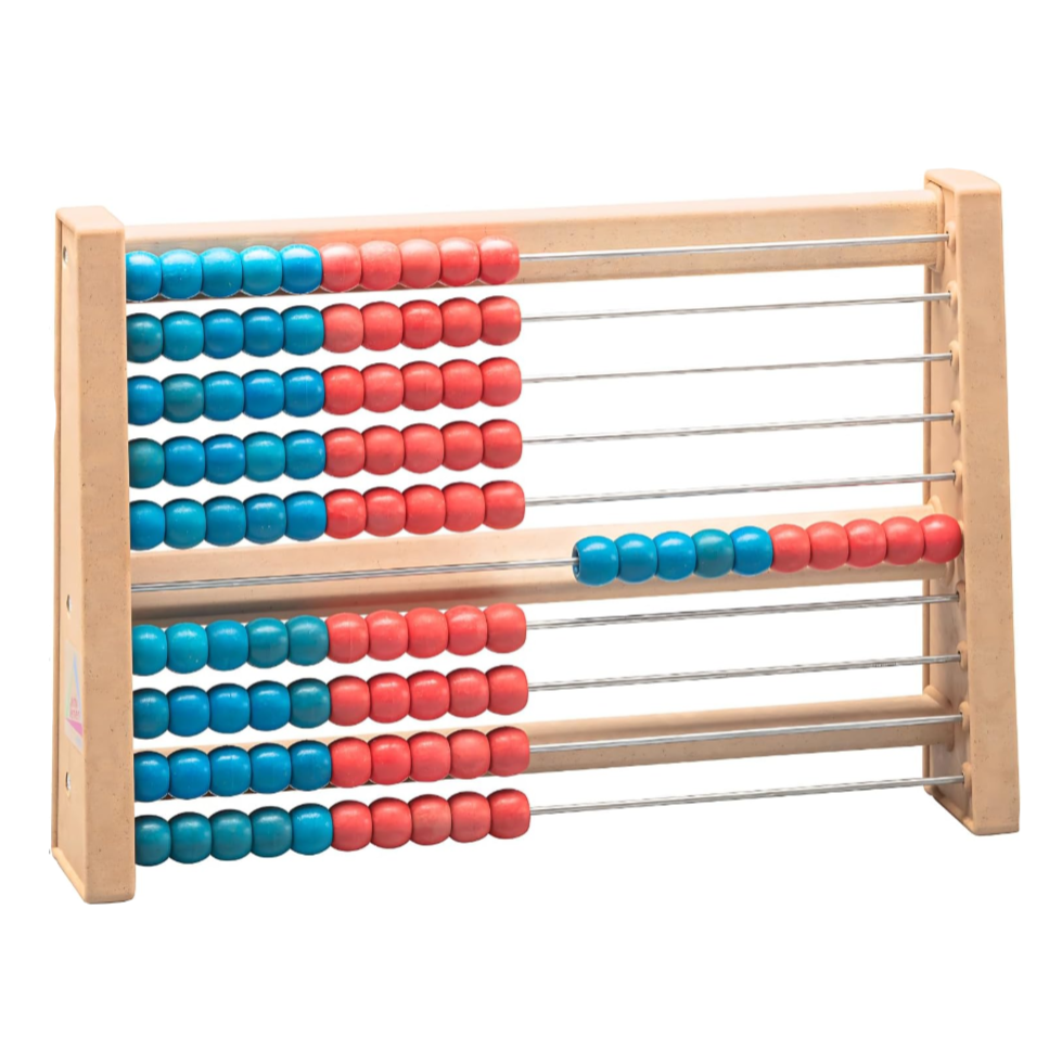 Wooden abacus with colored beads on a white screen