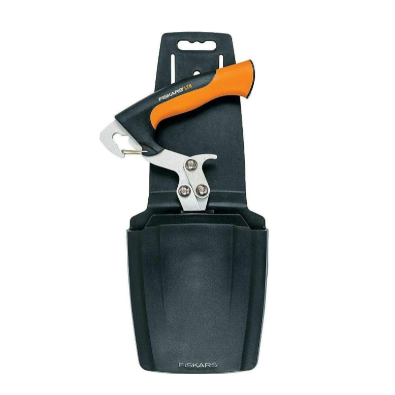 Garden pruner with black sheath on a white background