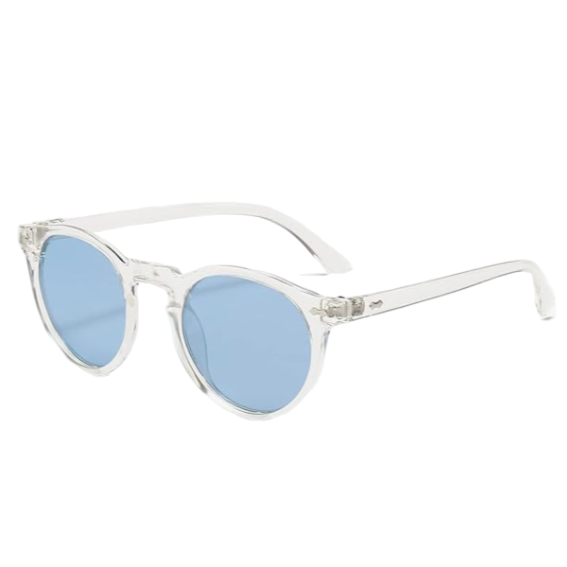Clear frame sunglasses with blue lenses on a white background