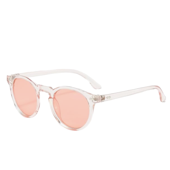 Sunglasses with pink lenses and clear frame on a white background