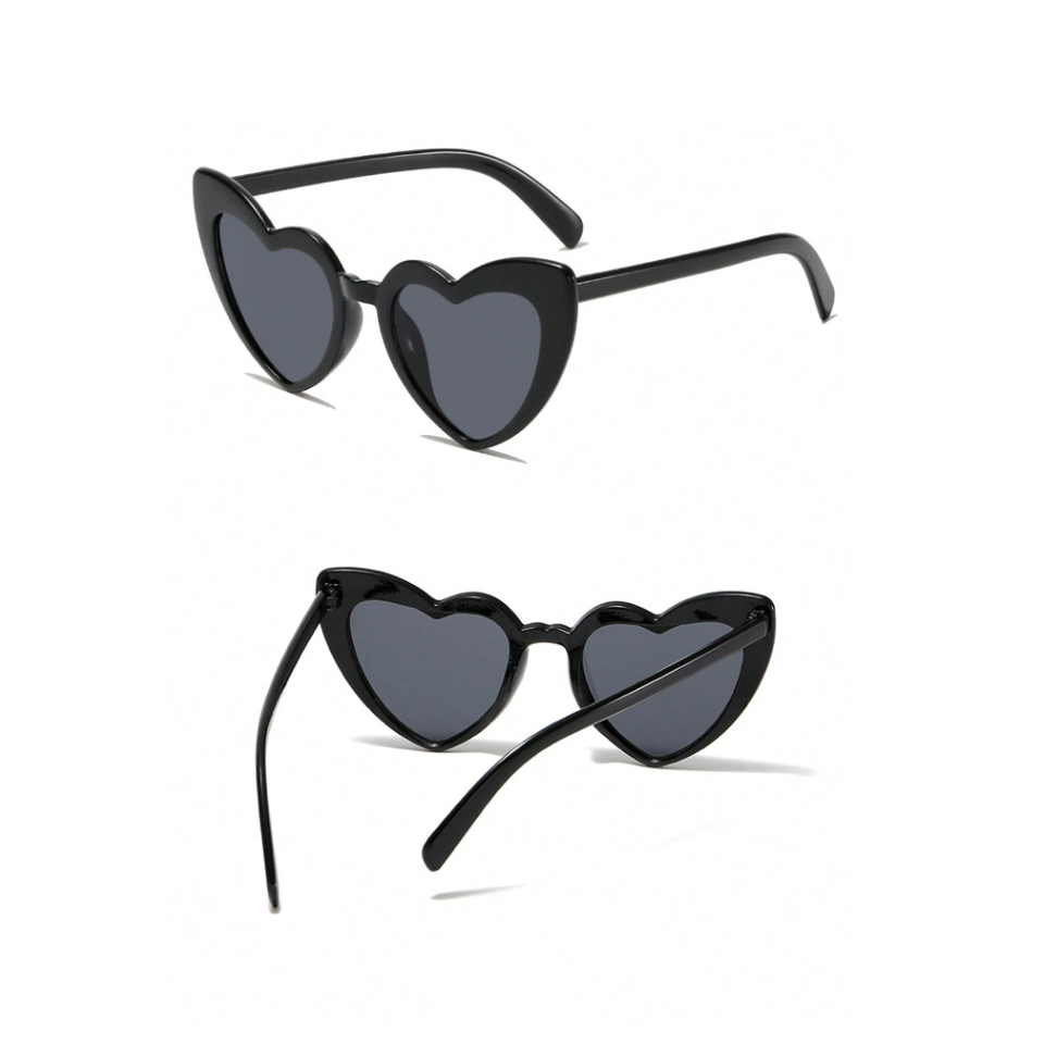Heart-shaped sunglasses on a white background with product details text.