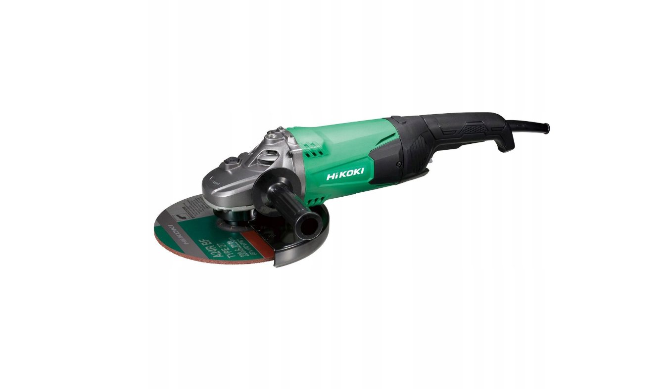 Green and black angle grinder on a white background