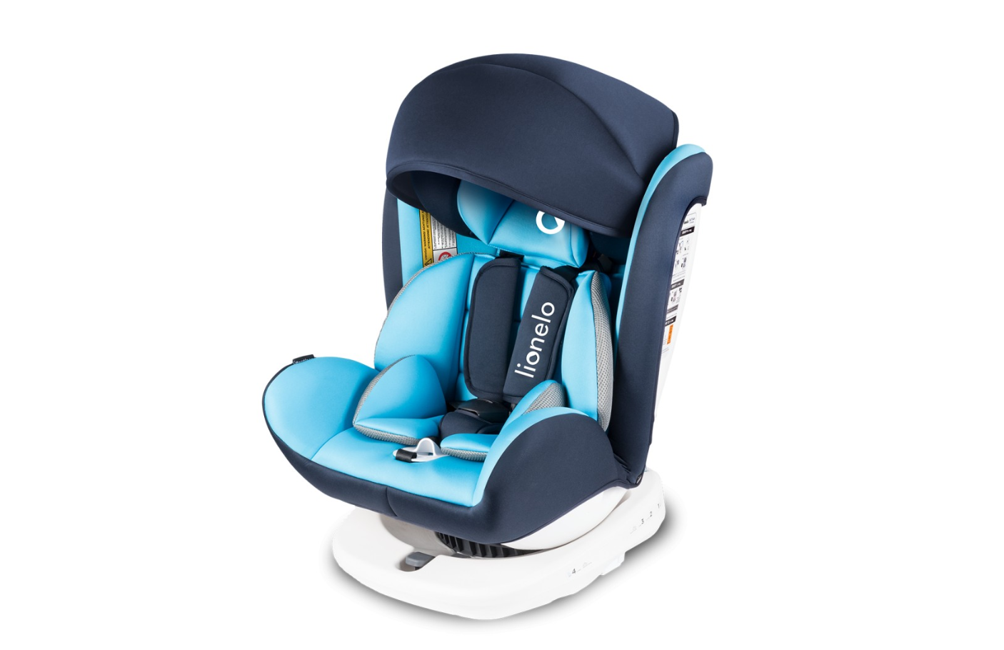 Blue and navy car seat with 'lionelo' branding on a white background