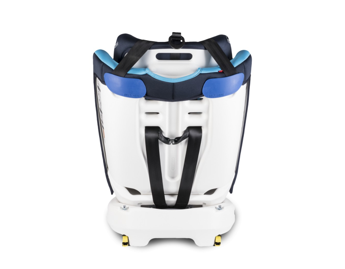 White and blue baby car seat on a white background