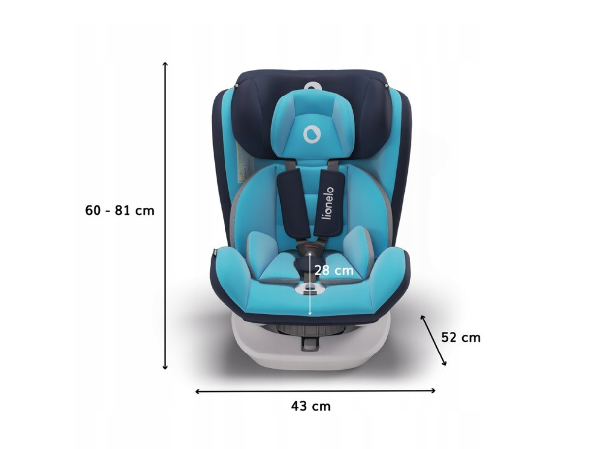 Blue and black car seat with dimensions labeled on a white background