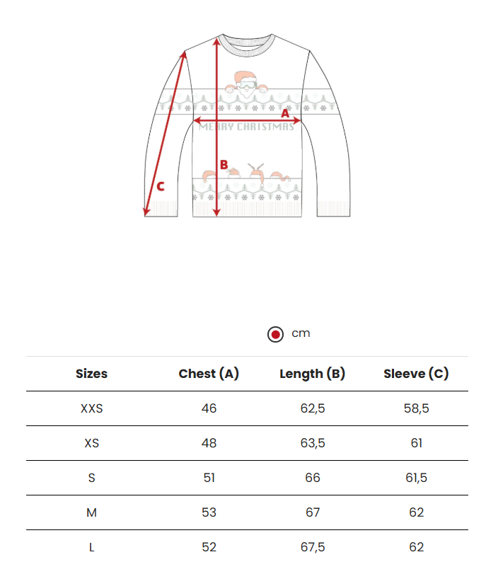 Measurement chart for a Christmas-themed long-sleeve shirt with size chart and measurements.