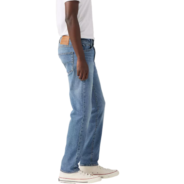 Person wearing light blue jeans and a white t-shirt on a plain background