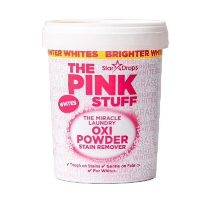 Container of 'The Pink Stuff' laundry oxi powder with features listed on a white background